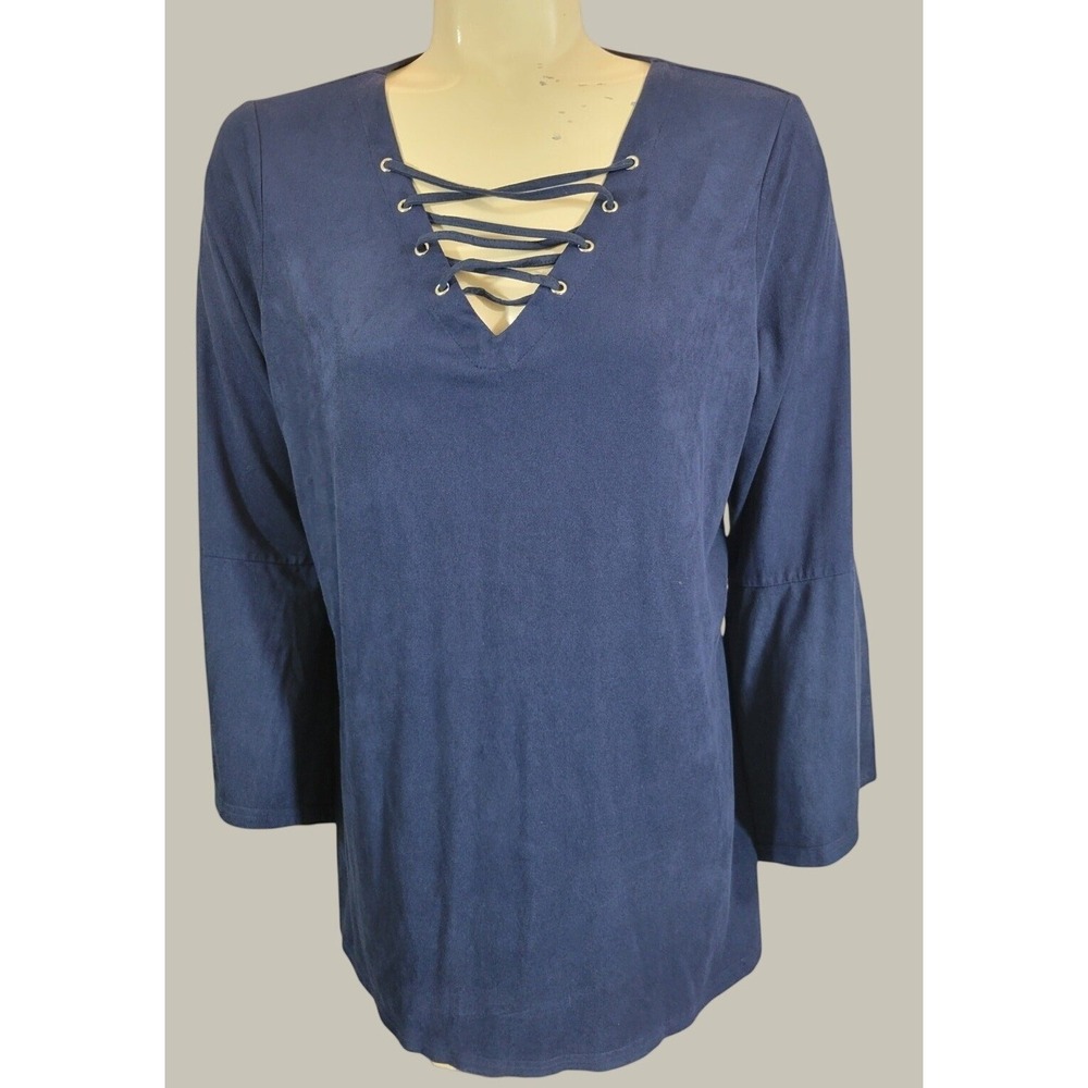 Relativity Blouse Faux Suede Lace Up Boho Bell Sleeve Minimalist Navy Blue Large